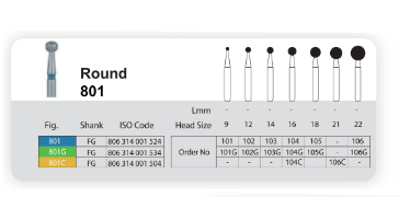 فرز الماسی مدل روند توربین 5 عددی
Dental Diamond Burs Round 801
